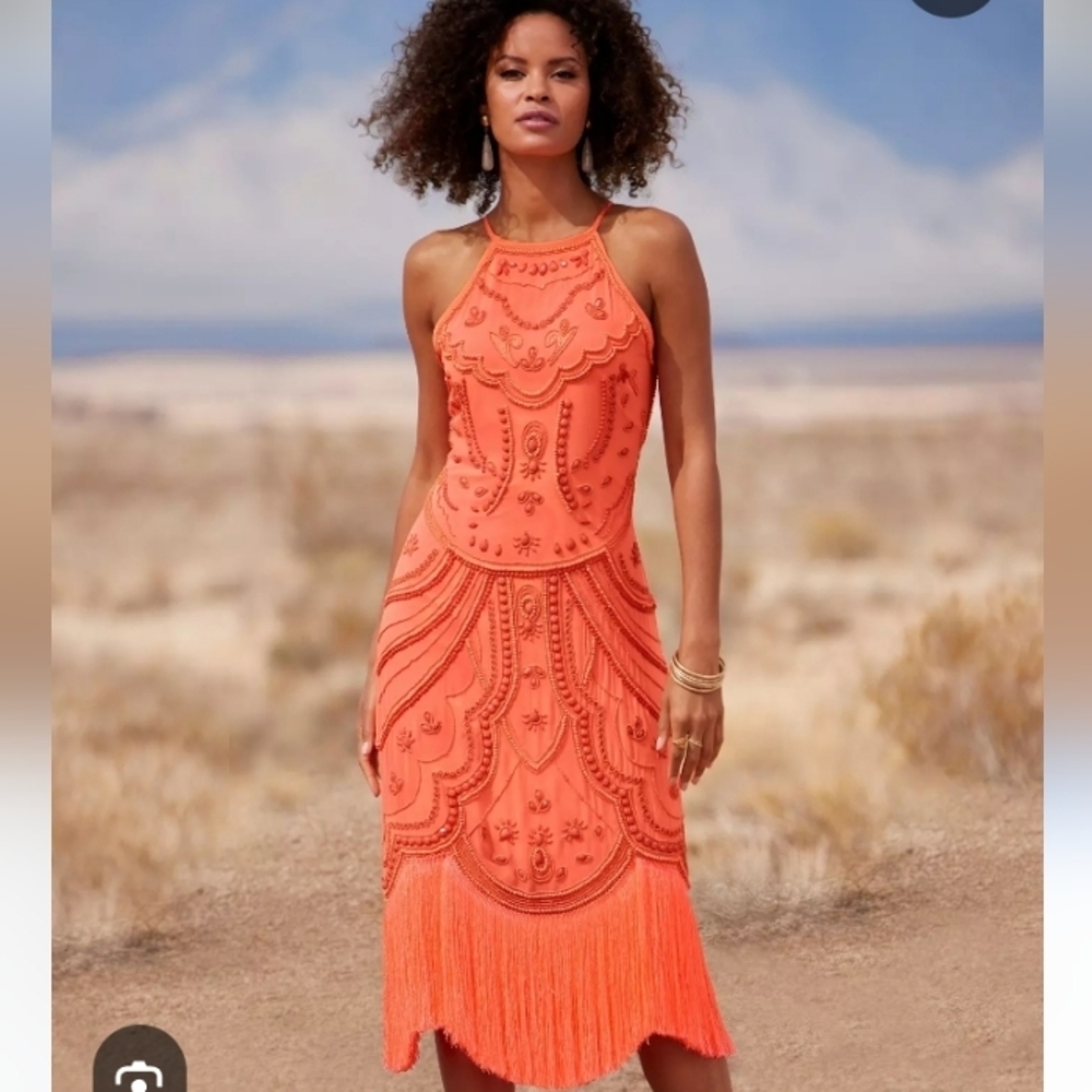 Boston Proper Coral Beaded Fringe Halter Midi Dress